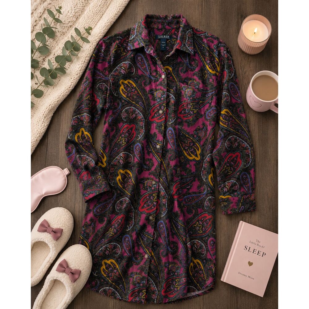 Lauren Ralph Lauren Women's Paisley Collared Button-Up Sleep Size M Medium 309m
